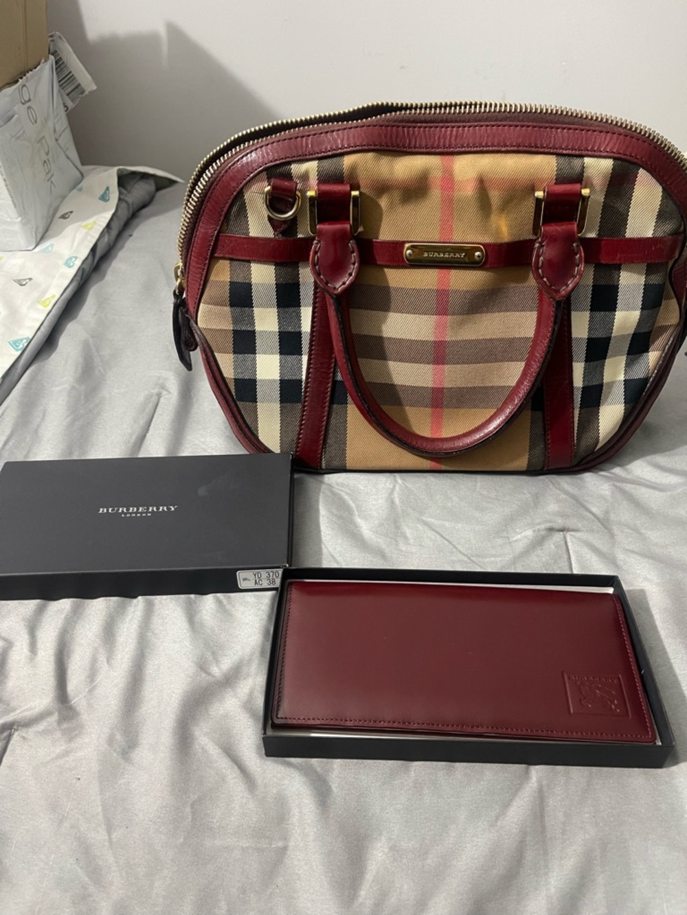 Burberry Tan Check Satchel w/ Burberry Burgundy Leather Trim & Wallet